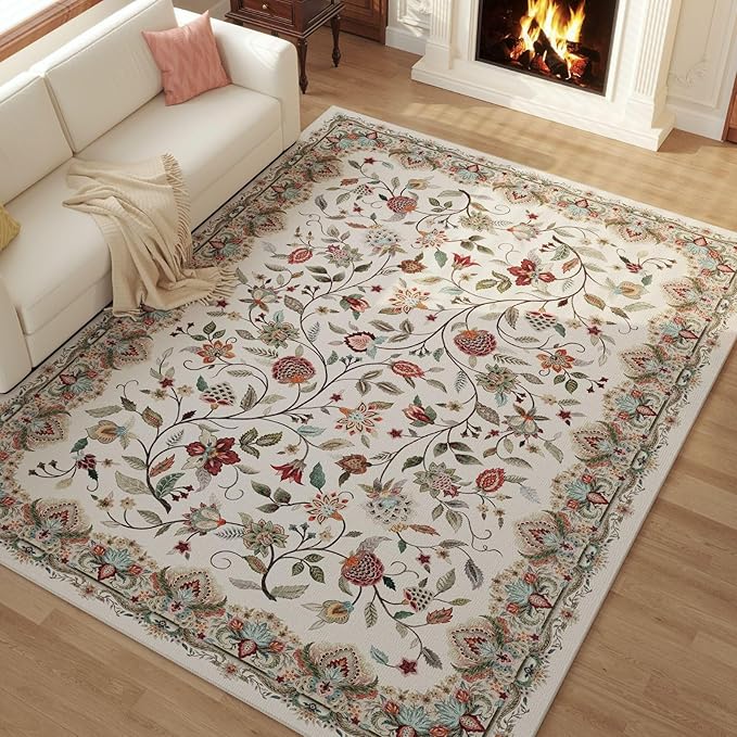 Rugcomf Vintage Paisley Rugs for Living Room 8'x10' - Machine Washable Area Rug, Non-Slip Low Pile Large Floral Carpet for Bedroom, Dining Room, Farmhouse, Office, Kids Playroom - Beige