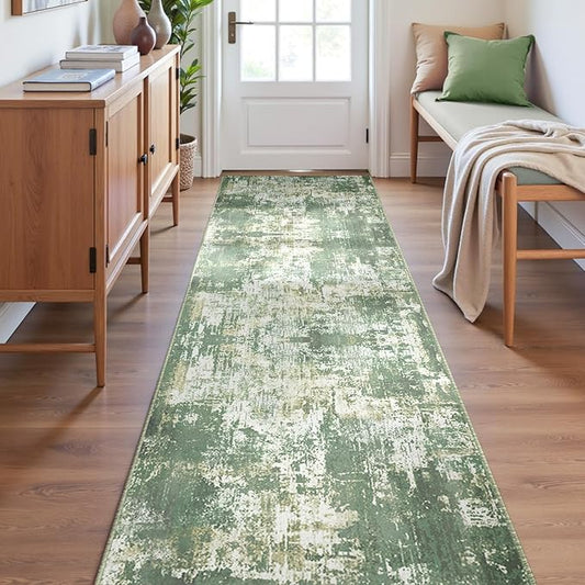 Washable Area Rugs 2'x8' Non-Slip Modern Abstract Soft for Living Room Entryway Bedroom Nursery, Print Pattern, Light Green/Yellow
