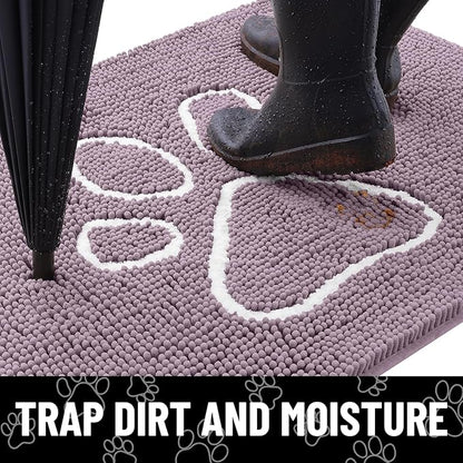Smiry Dog Door Mat for Muddy Paws, Absorbent Dirt Trapper Non Slip Quick Dry Washable Chenille Mat for Mud Dogs, Entry Rug for Indoor and Outdoor (30x20 Inches, Deep Plum and White)