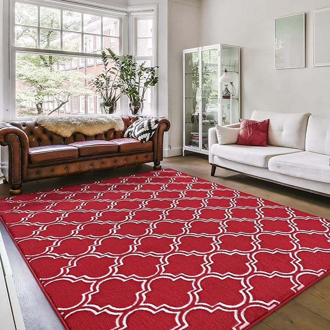 Amearea Fluffy Indoor Trellis Rug, Soft Moroccan Home Rugs for Bedroom, Shag Modern Area Rug for Living Room Kids Room Nursery, Easy Clean, Home Decor Low Pile Carpet, Wine Red 4x6 Feet