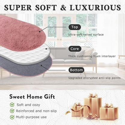 Soft Fluffy Rugs for Bedroom, Blush Pink Fuzzy Shaggy Oval Bedside Area Rug Set of 2, Non-Slip Cozy Plush Shag Carpet for Kids Room Nursery Dorm Living Room, 2.6 x 5.3 Feet