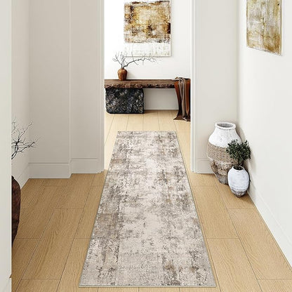 3x8 Washable Runner Rug Brown Grey Abstract Hallway Kitchen Throw Rug Neutral Modern Non Slip Soft Low Pile Carpet for Bathroom Laundry Bedroom Living Room