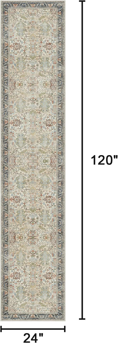 Bavni Bedroom Rug Runners for Hallways, Washable Runner Rug 2x10, Low Pile Non-Slip Indoor Throw Carpet for Bedroom Laundry Room, Ivory/Teal