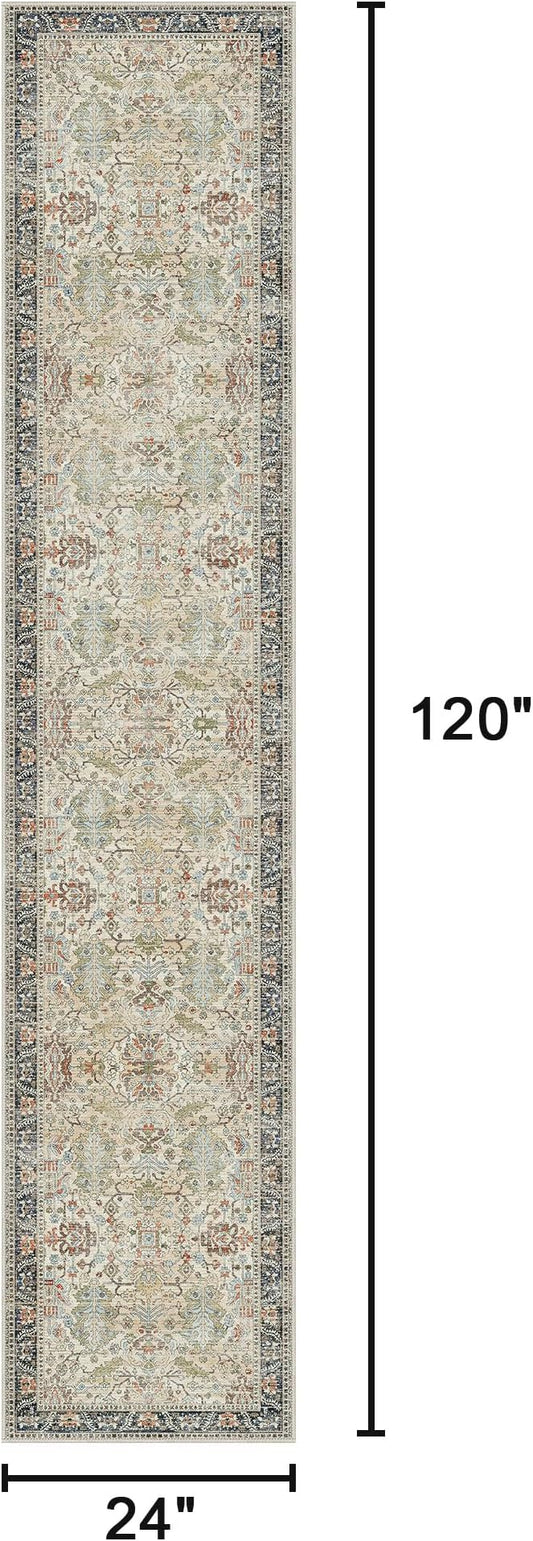 Bavni Bedroom Rug Runners for Hallways, Washable Runner Rug 2x10, Low Pile Non-Slip Indoor Throw Carpet for Bedroom Laundry Room, Ivory/Teal