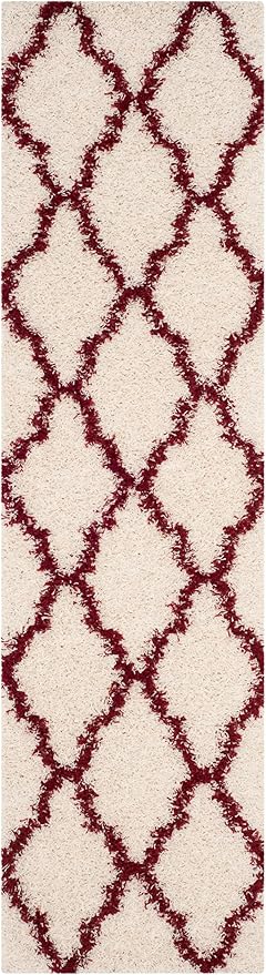 SAFAVIEH Dallas Shag Collection Runner Rug - 2'3" x 14', Ivory & Red, Trellis Design, Non-Shedding & Easy Care, 1.5-inch Thick Ideal for High Traffic Areas in Living Room, Bedroom (SGD257R)