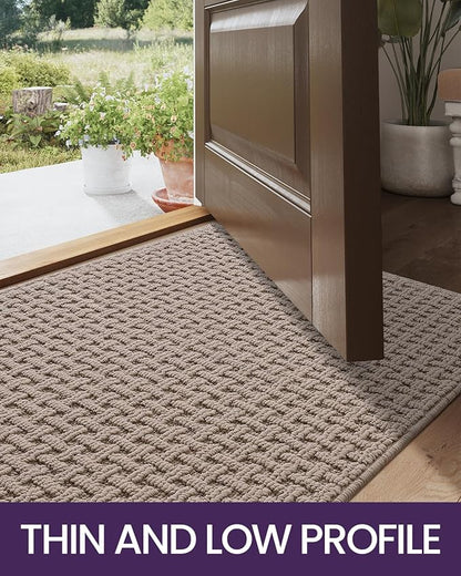 DEXI Front Entryway Door Mat Non Slip 17x30, Washable Entry Way Mats Inside Entrance Low Profile, Welcome Doormat Dirt Trapper for House Floor Home Porter Hall Backdoor Area, Light Taupe
