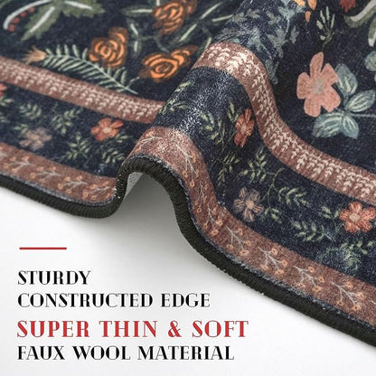 Boho 2x5 Runner, Black Navy Floral Washable Hallway Runner, Non-Slip Kitchen Runner, Super Thin Printed Faux Wool Soft Carpet for Entryway, Front Door, Backdoor, Bedside