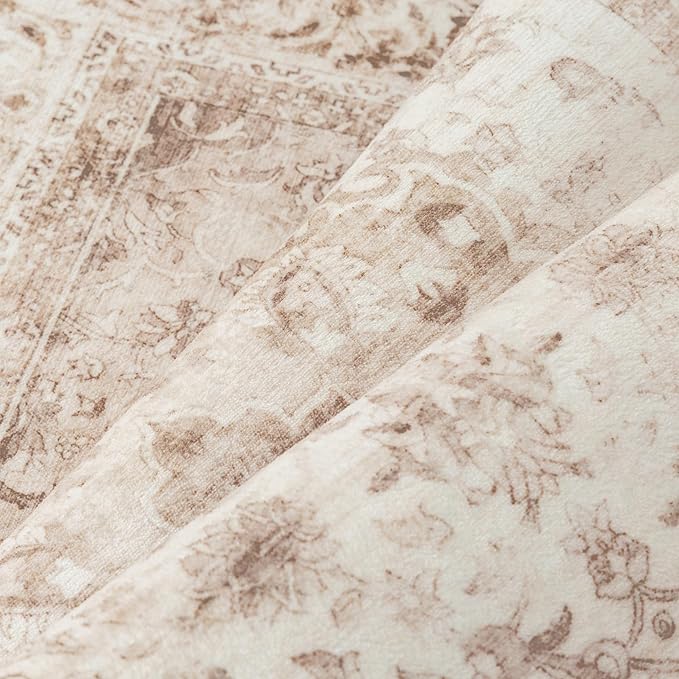 6x9 Beige Washable Vintage Area Rug for Living Room Bedroom Soft Tranditional Non Slip Large Throw Rug Lightweight Floral Low Pile Distressed Carpet Office Playroom Home Decor