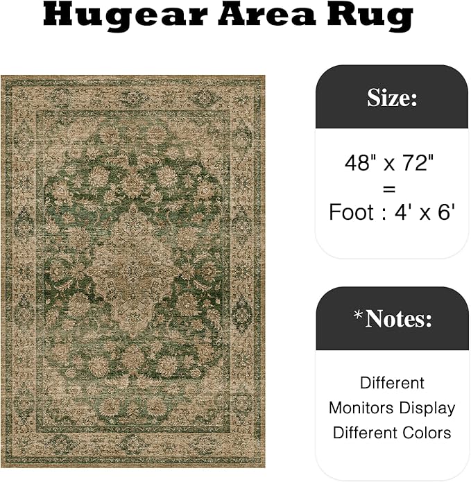 HUGEAR 4x6 Entryway Area Rug Retro Green Small Rug Machine Washable Door Mat Vintage Floral Low Pile Carpet Distressed Throw Rug Entrance Kitchen Bedroom Bathroom Office Non Slip Soft Lightweight