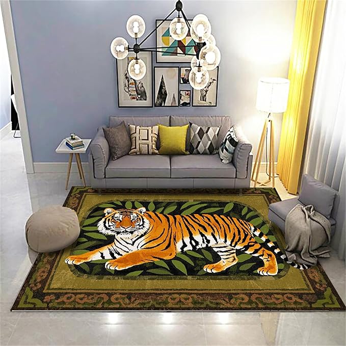 Tiger Area Rug,5x6ft, Tiger Print Rug,Tiger Themed Stylish Rug, Bohemian Vintage Tiger Print Rug, Non-Slip Washable Rug for Living Room Bedroom Dining Room Kids Room Decoration