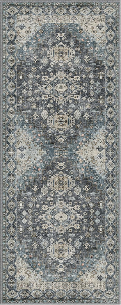 GENIMO 2x5 Washable Runner Rug for Hallway, Vintage Non Slip Low Pile Carpet, Soft Lightweight Printed Rug for Entryway, Kitchen, Corridor & Home Office, Slate Gray Blue