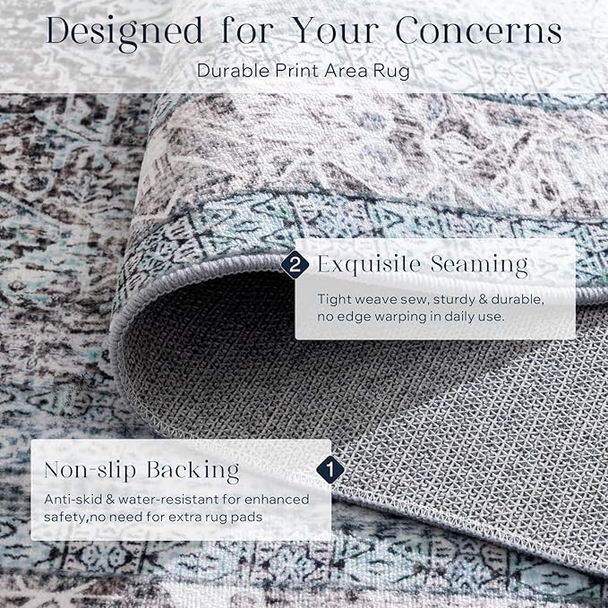 Phantoscope Washable Area Rug 5'x7' Non-Slip, Vintage Neutral Rugs for Living Room, Bedroom, Dining Room, Distressed Boho Floral Medallion Pattern, Low-Pile Foldable Floor Carpet, Blue/Grey
