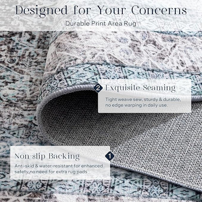 Phantoscope Washable Area Rug 5'x7' Non-Slip, Vintage Neutral Rugs for Living Room, Bedroom, Dining Room, Distressed Boho Floral Medallion Pattern, Low-Pile Foldable Floor Carpet, Blue/Grey