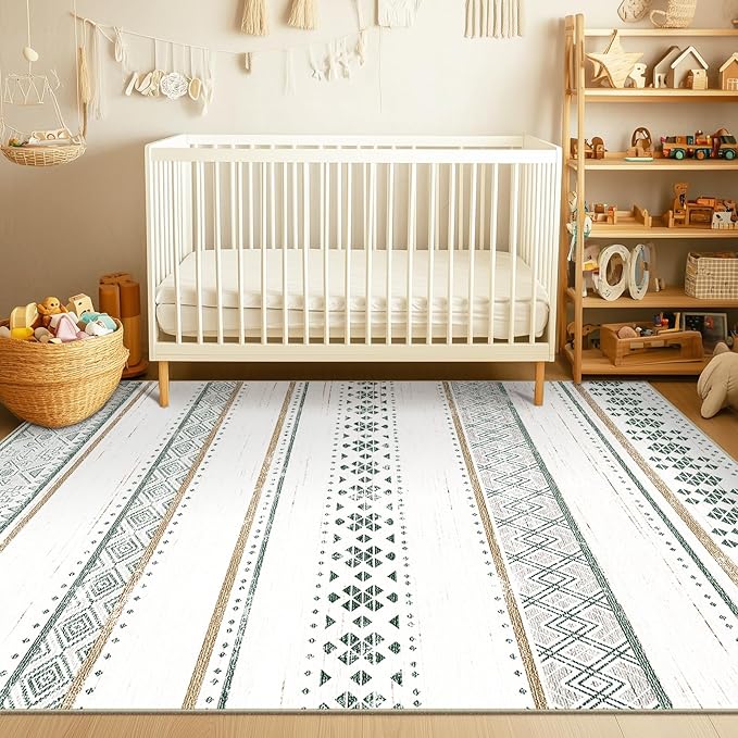 BESTSWEETIE 6x9 Area Rugs for Living Room Washable Moroccan Farmhouse Neutral Geometric Low Pile Non-Slip Soft Print Pattern Rug for Bedroom Kitchen Dining Room Entryway Green/Brown/Brown