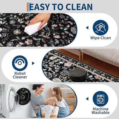 GarveeHome Washable Area Rug 9 x 12 for Living Room, Non-Slip Soft Vintage Rug, Low Pile Farmhouse Floral Carpet, Non-Shedding Indoor Foldable Printed Rugs for Bedroom, Black