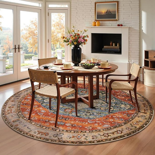 SERISSA Boho Round Area Rug, 5ft Washable Non-Slip Circle Rug, Ultra Soft Oriental Vintage Tribal Low-Pile Circular Carpet for Bedroom Entryway Kids Room Office College Dorm Living Room