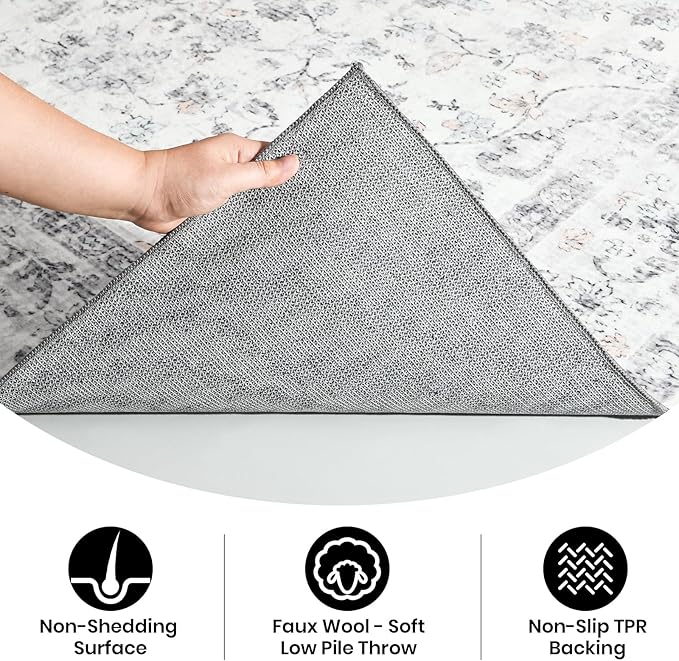 5x7 Washable Rug – Boho Non-Slip Indoor Area Rug for Living Room, Bedroom, Dining Room, Entryway – Ivory and Mist Grey with Subtle Blue Accents