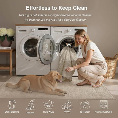 HUGEAR 2x3 Machine Washable Entryway Rugs Vintage Beige - Neutral Non Slip Stain Resistant Low Pile Aesthetic Throw Carpet Kids & Pet Friendly for Hallway Bedroom Kitchen