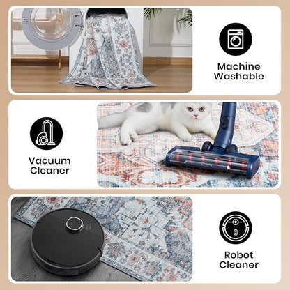 8x10 Area Rugs for Living Room, Machine Washable Non-Slip Low Pile Faux Wool Boho Vintage Carpet, Non-Shedding Large Rug for Bedroom Dining Room Office, Light Blue
