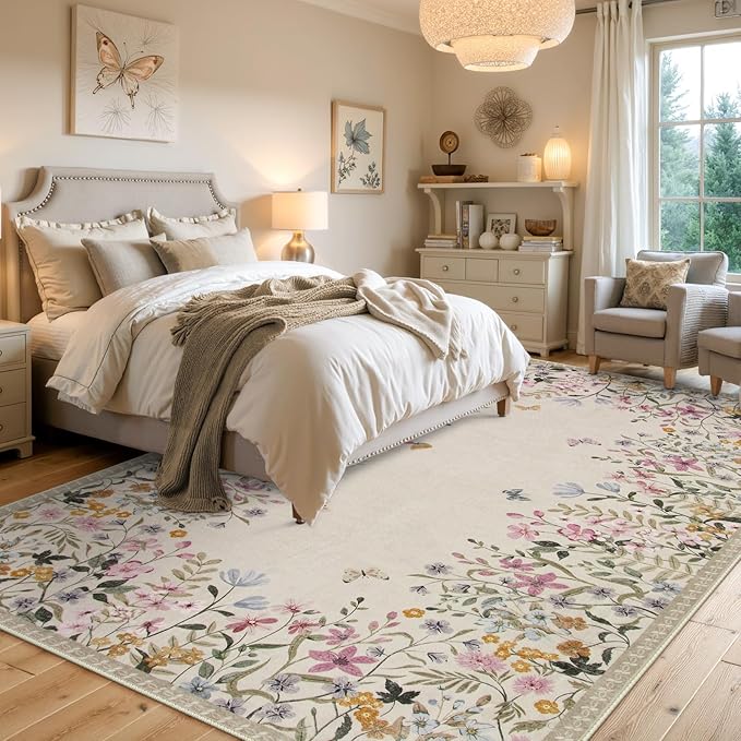 Wonnitar Washable Boho Floral 9x12 Rugs for Bedroom, Non-Slip Living Room Area Rug, Cute Nursery Large Botanical Area Rug, Soft Floor Carpet for Playroom Closet (Beige,9'x12')