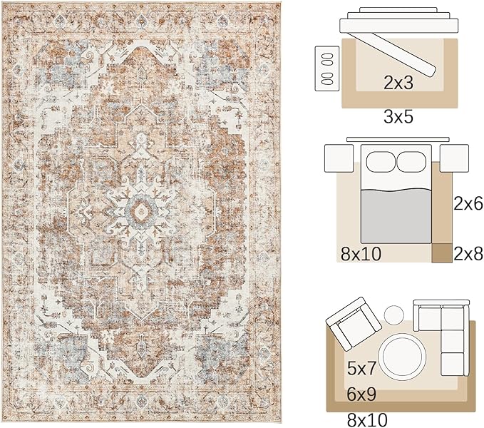 JINCHAN Area Rug 8x10 Washable Living Room Rug Vintage Indoor Large Floor Cover Distressed Lightweight Non-Slip Low Pile Thin Mat Accent Stain Resistant Carpet for Bedroom Dining Room Office Brick Red