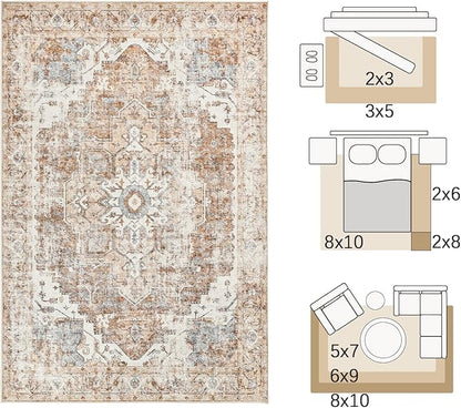JINCHAN Area Rug 8x10 Washable Living Room Rug Vintage Indoor Large Floor Cover Distressed Lightweight Non-Slip Low Pile Thin Mat Accent Stain Resistant Carpet for Bedroom Dining Room Office Brick Red