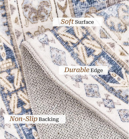 zesthome 8ft Round Rugs for Living Room, Non-Slip Washable Round Area Rugs, Ultra-Thin Large Circle Rugs, Soft Low Pile Rug for Bedroom, Kitchen - Vintage Stain Resistant Round Rug (Blue/Beige,8'x8')