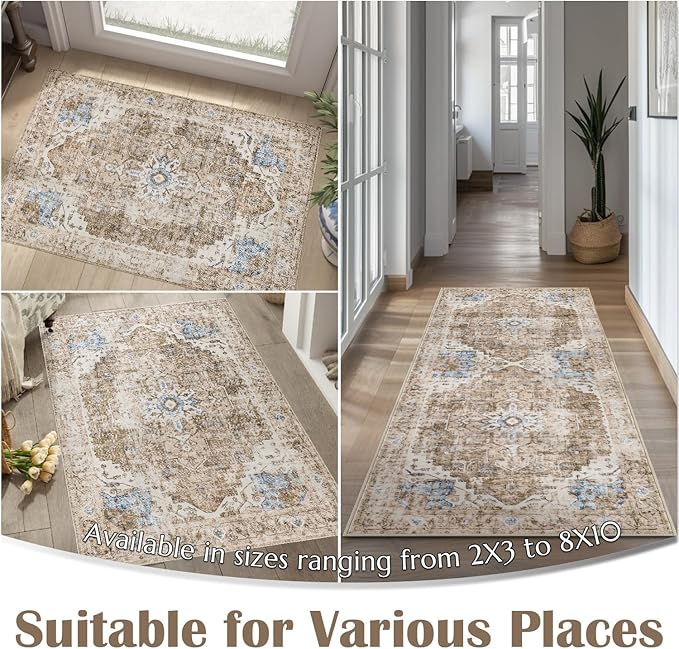 jinchan Kelda Runner Rug 2x5 Washable Rug Soft Hallway Runner Indoor Vintage Print Floor Cover Retro Distressed Lightweight Non-Slip Thin Carpet for Bathroom Kitchen Living Room Bedroom Brick Red