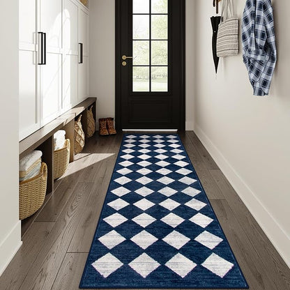 Lahome Checkered 2x8 Hallway Runner Rug,Soft Kitchen Runner Rugs Non Skid Washable,Blue Bathroom Carpet Runners,Moroccan Trellis Low Pile Rug Runners for Entryway Laundry Room Foyer(2'x8',Blue)