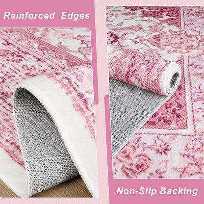 Bright Pink Area Rug for Girls Bedroom, 3x5 Soft Washable Rugs with Non-Slip Backing for Living Room, Cute Vintage Carpet for Kitchen Laundry Kids Room Decor