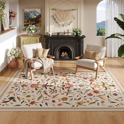 Vintage Medallion Floral 5x7 Area Rugs, Machine Washable Non-Slip, Low Pile Soft Carpet for Living Room, Bedroom, Dining Room, Farmhouse, Kids Playroom, Office | Beige