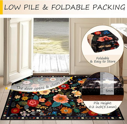 Floral 8x10 Area Rug Machine Washable Soft Print Boho Carpet Non Slip Doormat Low Pile Flower Area Rugs for Living Room Bedroom Nursery Kitchen Dining Room Indoor-Black