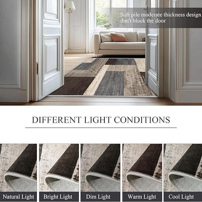 Modern Geometric Patchwork Indoor Area Rug for Living Room, Blue-Taupe 4'x 6' Large Rug Rockwood Collection Hardwood Floors Decor for Bedroom, Blue Throw Carpet for Office Entryway Dining Room