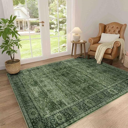 3x5 Washable Area Rug for Living Room Bedroom Dining Room Non-Slip Low Pile Boho Vintage Distressed Entryway Rug Traditional Floral Retro Accent Throw Carpet for Dining Room Bathroom Kitchen Green