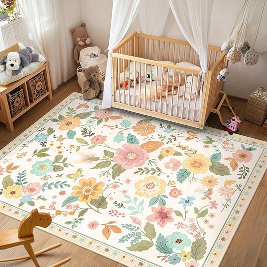 Floral 6x9 Area Rug Machine Washable Soft Print Boho Carpet Non Slip Doormat Low Pile Flower Area Rugs for Living Room Bedroom Nursery Kitchen Dining Room Indoor-Beige/White/Orange