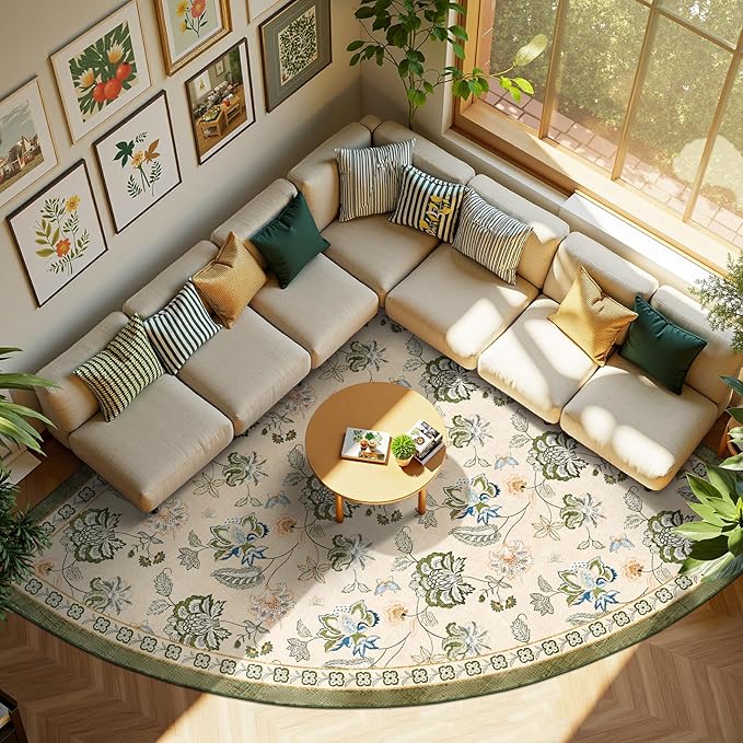 jinchan Elora Floral Corner Rug for Living Room Washable Bedroom Rug Vintage Romance Design Non Slip Quarter Circle Lightweight Low-Pile Throw Carpet for Reading Nook Playroom,7ft Radius, Green/Beige