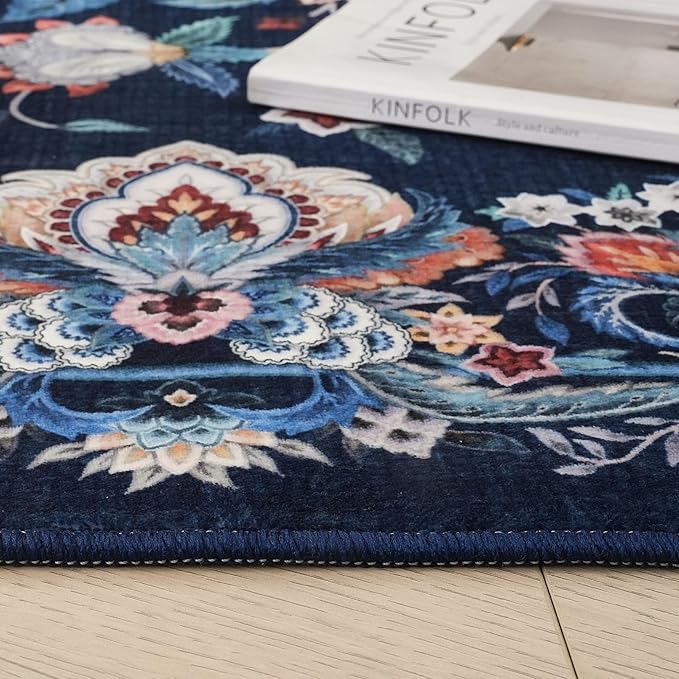 Rugcomf Vintage Paisley 3'x5' Area Rug - Machine Washable, Non-Slip Low Pile Small Floral Carpet for Bedroom, Bedside, Kitchen, Entryway, Kids/Girls Room, Office - Blue