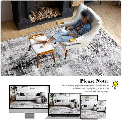 Washable Abstract Rug, 6x9 Modern Area Rugs with Non-Slip Rubber Backed for Living Room, Thin but Soft Contemporary Carpet Kitchen Bedroom Dining Room Decor, Dark Grey