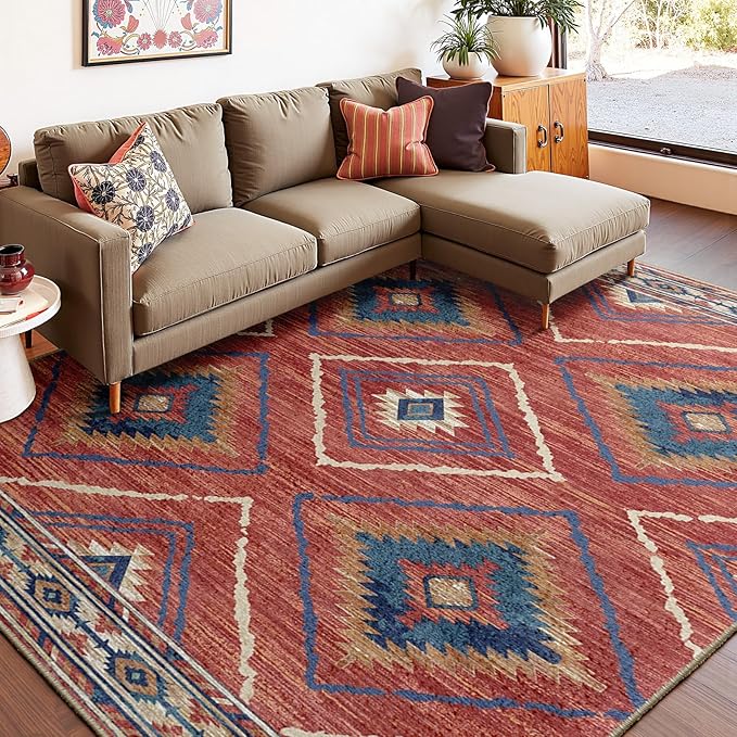Area Rug 5x8 Rug Machine Washable Non-Slip Low Pile Print Pattern Western Rug for Living Room Bedroom Entryway Tribal Series-Red/Orange