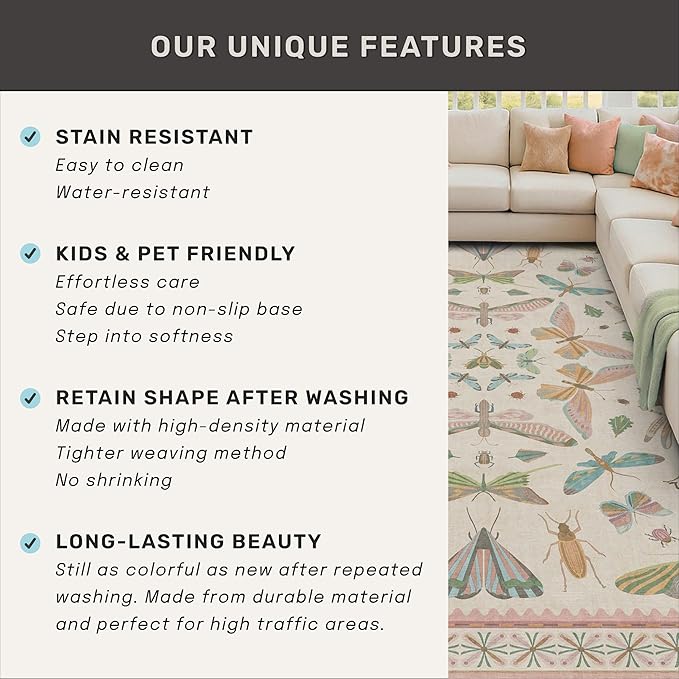 Floral Pink Rugs for Bedroom Girls 6x9 - Insect Print Cute Girly Rug for Living Room, Dining Room Under Kitchen Table, Washable Low Pile Vintage Bug Art Nouveau Home Decor