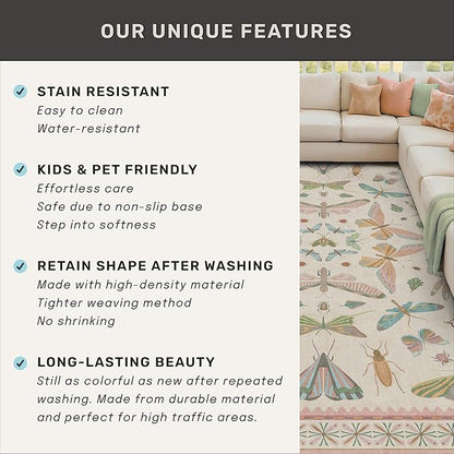 Floral Pink Rugs for Bedroom Girls 6x9 - Insect Print Cute Girly Rug for Living Room, Dining Room Under Kitchen Table, Washable Low Pile Vintage Bug Art Nouveau Home Decor