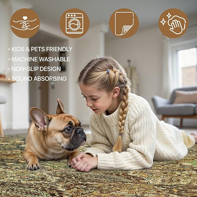 GENIMO 8x10 Area Rugs for Living Room, Machine Washable Non Slip Vintage Rugs, Low Pile Lightweight Chenille Print Rug for Bedroom, Dining Room, Home Office, Bronze Olive