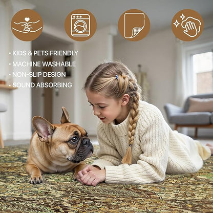 GENIMO 8x10 Area Rugs for Living Room, Machine Washable Non Slip Vintage Rugs, Low Pile Lightweight Chenille Print Rug for Bedroom, Dining Room, Home Office, Bronze Olive