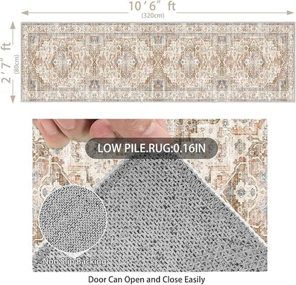 Enkor Runner Rugs for Hallway, 2.6x10.5 Washable Soft Non Slip Floor Rugs for Kitchen, Modern Mat for Living Room Bedroom Entryway Beige & Brown