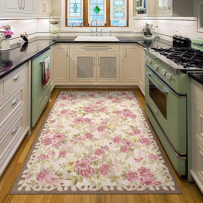 4x6 Machine Washable Area Rug for Living Room, Pink Vintage Boho Floral Rug Large Non-Slip Low Pile Soft Faux Wool Carpet, Kids and Pets Friendly for Bedroom Dining Room Farmhouse Home Decor Rug