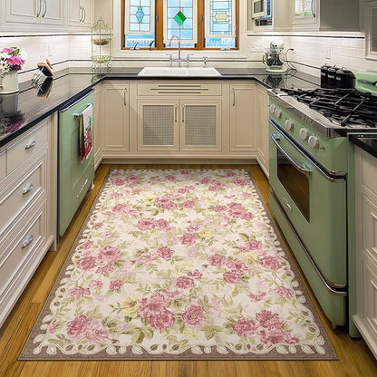 4x6 Machine Washable Area Rug for Living Room, Pink Vintage Boho Floral Rug Large Non-Slip Low Pile Soft Faux Wool Carpet, Kids and Pets Friendly for Bedroom Dining Room Farmhouse Home Decor Rug