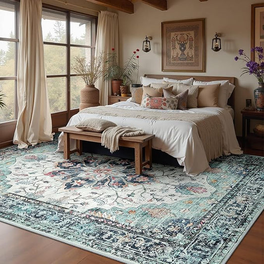 Area Rugs 9'x12' Washable Non-Slip, Floral Vintage Distress Print Pattern Medallion Carpet for Living Room Bedroom Dining Room, Green Navy Blue White Red Teal Colorful