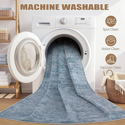 Area Rug Living Room Rugs - 10x14 Abstract Large Soft Indoor Washable Rug Neutral Modern Low Pile Carpet for Bedroom Dining Room Farmhouse Home Office - Dark Blue