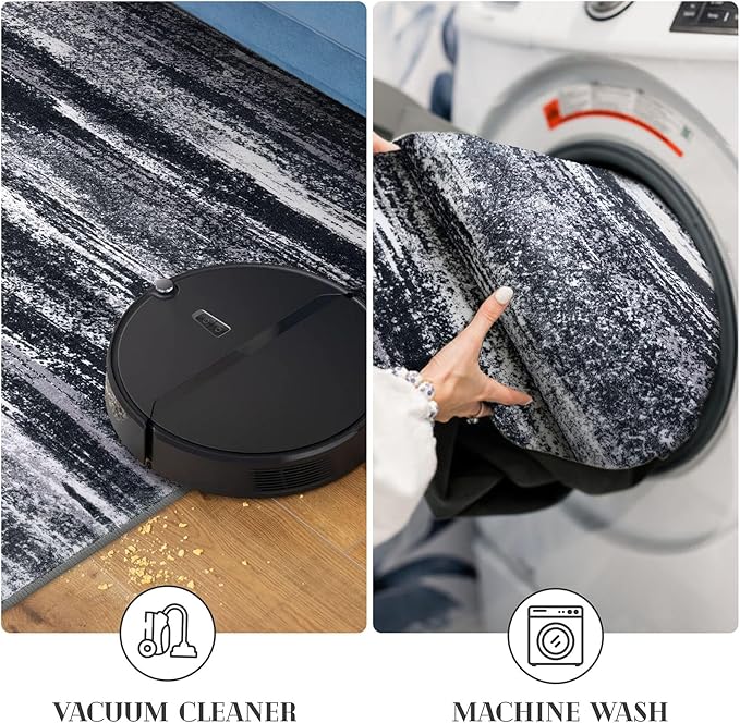 Modern Abstract Runner Rug 2x6, Black Grey Washable Entryway Runner Non-Slip Soft Hallway Rug Runner Thin Print Faux Wool Carpet for Kitchen Bedroom Laundry Room Indoor