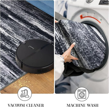 Modern Abstract Runner Rug 2x6, Black Grey Washable Entryway Runner Non-Slip Soft Hallway Rug Runner Thin Print Faux Wool Carpet for Kitchen Bedroom Laundry Room Indoor